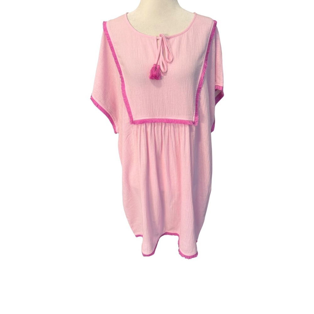 J.Crew Pink Cotton Gauze Fringe Tassel Beach Tunic Cover Up Dress G4885 L NEW